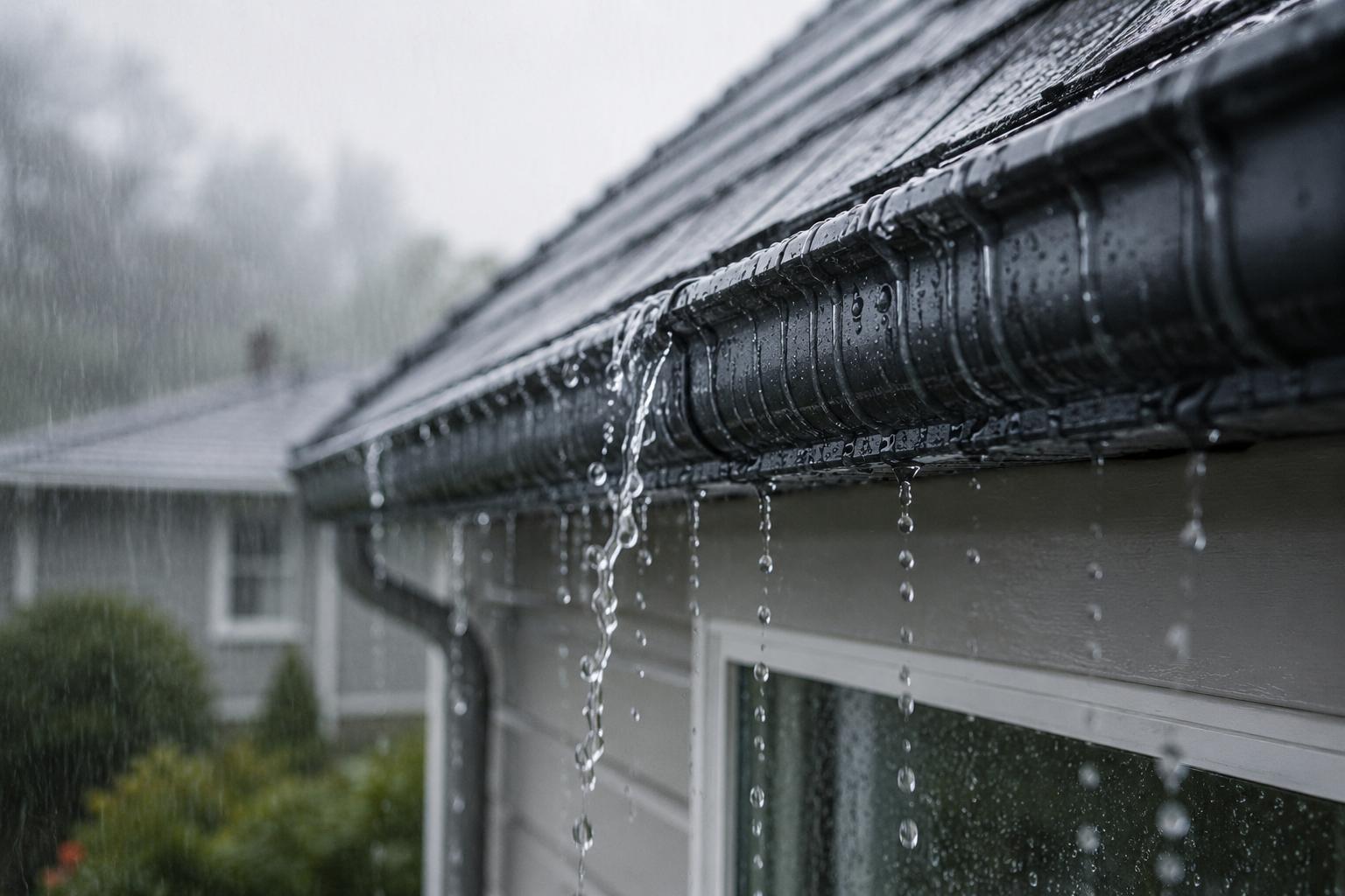 Heavy rain overflowing from a residential gutter